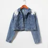 Kvinnor mode smal kort denim jacka med kedjor blommig broderi kvinnlig lös jean coat damer casual ytterwear kvinna toppar y190827