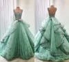 Menthe Princesse Dentelle Robe De Bal Robe De Quinceanera Bretelles Spaghetti Balayage Train Douce 16 Robe De Bal Pageant Robes robes de quincea￱era