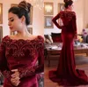 Luxury Winter Evening Dresses Burgundy Velvet Mermaid Prom Party Gowns Long Sleeves Beaded Lace Appliques Formal Dress with Train