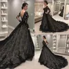 검은 고딕 웨딩 드레스 2020 긴 소매 v 목 스윕 기차 레이스 환상 Bodice 가든 컨트리 신부 가운