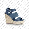 TRIBORD Wedge Sandal Sandal toile plate-forme Espadrilles sandale talon 12cm bleu gravé boucle Semelle extérieure en caoutchouc chaussures