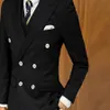 ファッションダークグリーン3個の部分男性スーツダブルブレストピークラペルスリムフィットイブニングパーティープロムスーツウェディングタキシードカスタムメイド