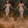 Sexy Suknie wieczorowe Luksusowe Kryształ Zroszony Głębokie V Neck Feather Mermaid Prom Dress Party Wear Sweep Pociąg Custom Made Illusion Formalne Suknie