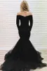 Cheap Sexy Preto Mermaid Dresses Prom Long Sleeve Alças Comprimento Pavimento Evening Party Dress Applique Lace Beaded Tulle Pageant Vestidos