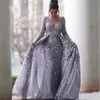 2020 Saoudien Arabe Gris Robes De Soirée Musulmanes 2020 Sirène Col En V Manches Longues Tulle Dentelle Islamique Dubaï Longue Robe De Soirée Formelle239U