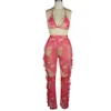 Sommer Frauen Zweiteilige Hosen Set Rüschen Tie Dye Print Outfits Mesh Sheer Lace Up Neckholder Sport Bh Lange Hose rosa Blau Gelb