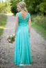 2020 Tanie Turquoise Druhna Dresses line Szyfonowa Koronka V Backless Długie Tanie Druhna Suknie na suknie ślubne