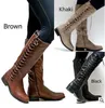 Günstige Designer Frauen Kniehohe Stiefel Mode Runde Kappe Niedrigen Absätzen Winter Schuhe Drei Farben Lace up Dame Motorrad Boot232F