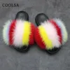 2022 mode couleurs mélangées pantoufles femmes arc-en-ciel chaussures fourrure diapositives moelleux doux maison pantoufles femme mignon floue fourrure tongs