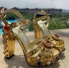 Sandálias de couro de ouro metálico de luxo de luxo grossa plataforma de salto alto sandálias Sandals de verão Sapatos de festa de verão Mulheres