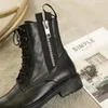 Heißer Verkauf - Frühling Herbst Damen schwarz olivgrün Echtleder Schnürstiefel mit seitlichem Reißverschluss Stiefeletten Biker Militär Kampfstiefel