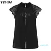 fashion-VONDA 2019 Sexy Women Blouse Summer Sleeveless Lace Shirt OL Office Ladies Shirt Hollow Party Tops Camisas Plus Size White Blusa