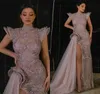 Elegant Evening Dresses High Collar Lace Appliques High Side Split Prom Gowns 2020 Custom Made Sweep Train Special Occasion Dress