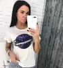 Summer Sequin Tops Tees Woman Earth Embroidery Shirt Women Black White O-Neck Cotton Short-sleeved T-Shirt Tee