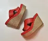 Hot Sale-Red Black Brown Luxury Tjockt Bottom Straw Fläta Real Läder Slipsol Sandaler 109