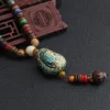 SEDmart Retro Ethnic Wood Lotus Buddha Statue Pendant Necklaces for Women Nepalese Mantra Wooden/Glass Beads Sweater Chain Gifts