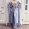 Fashion-Silver Grey Fringe Sleeve Mesh Long Tassel Crystal Jumpsuit Stage Slitage Födelsedag Fira kväll DS Jumpsuits DT1784