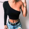 Forefair Off Shoulder Crop Tops Sexy Long Sleeve Short T Shirt Single Sleeve Club Streetwear Black White Cropped Shirt Women