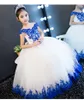 Royal Blue Lace White Tulle Flower Girls Dresses For Wedding Party Ball Gown Off the shoulder Backless Cheap First Communion Dress279j