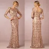 Long Sleeves Rose Gold Mother of the Bride Groom Dresses Bateau Neck Plus Size Vintage Lace Long Formal Evening Party Wear BA0528