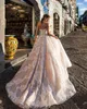 Fashion Lace Beaded Wedding Dresses Sheer Bateau Neck Covered Buttons Bridal Gowns A Line Sweep Train Tulle robe de mariée