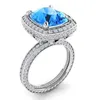 Tamanho 6-10 Jóias da Moda Vintage Sterling Sier Almofada Forma Azul Safira Cz Diamante Eternidade Pave Cz Mulheres Casamento Anel de Noiva Presente