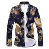 2018 Men's Autumn Print Long Sleeve Shirt Youth Fashion Flowers Navy Blue Hawaiian Shirt Satin flower Camisa 7502 M-7XL