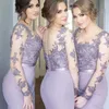 Charmante illusie zeemeermin bruidsmeisje jurken 2019 pure ronde hals jurk met lange mouwen tiered gastjurken