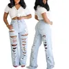 Women's Fashion High Waist Jeans Shredded Hole Edging Straight Trousers Distressed Boyfriend Ripped Jeans for Women S-2XL