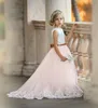 Sparkly Lace Appliqued Flower Girl Dresses For Wedding Jewel Neck En linje Sequined Pageant Gowns Sweep Train Tulle First Communion Dress