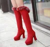 Plus storlek 33 till 43 med box Chic Red Black Fur Knee High Boots Chunky Heel Platform Lägg till plysch vinter stövlar