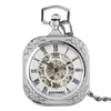 Silver Square Open Face Design Watches Hand Winding Mechanical Pocket Watch Roman Number för Clock Men Women FOB Pendant Chain