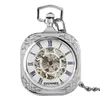 Argent carré ouvert visage montres à remontage manuel mécanique montre de poche chiffres romains pour horloge hommes femmes FOB pendentif chaîne