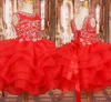 Lovely Red Organza Ruffle Cupcake Girls Pageant Dresses Crystal Beads Jewel Lace-up Party Dress Toddler Graduation Dress First Communion