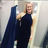 Ciemnoniebieskie sukienki aksamitne wieczorne zużycie pociągu Wysokiej szyi Sukienka Promowa Długa 2019 Elegancka formalna suknie Specjalna sukienka