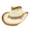 Pintura en aerosol marrón, decoración de cinta étnica, sombrero de estilo panamá para mujer, gorras con visera ancha y grande, sombrero de paja vaquero de verano para Unisex