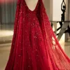 2019 Arabiska Aso Ebi Red Luxurious Prom Klänningar Beaded Crystals Långärmade Kvällar En Linje Tulle Formell Party Pageant Dress