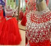 Oszałamiająca czerwona frezowanie dżetów Księżniczki Dziewczyny Korowód Suknie Wysokiej Neck Backless Imperium Talii Flower Girl Dress Graduation Party Dress