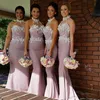 2020 New Hater Beach Peach Mermaid Bridesmaid Dresses Sheer Neck Applique Satin Long Custom Made Cheap Bridesmaid Gowns Formal Dresses 4645