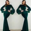 2019 Dark Green Long Bell Sleeves Mermaid Prom Jurken Juweel Hals Vloer Lengte Avond Feestjurken