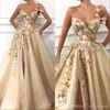 Champagne arabe sexy une épaule fleurs florales 3D robes de soirée porter des appliques de dentelle perles fendues tulle occasion spéciale fête 4259170