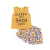 Bebê menina sem mangas colete crianças roupas amarelas carta impressão camiseta floral calças curtas com faixa de cabeça 3 peças conjunto de roupas 4675086