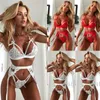 Conjuntos exóticos de calcinha e farelo feminino sexy 3 peças Lingerie feminina Babydoll Roupa de dormir fio dental de renda vermelho BRANCO