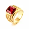 SQUARE RED STONE HIP-HOP MEN RING IN GOLDEN STAINLESS STEEL ENGRAVE DRAGON RINGS MENS JEWELRY