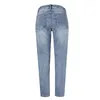 Retro blauwe metalen geborduurde kralen losse denim dames broek recht gewassen gaten Mid-taille jeans voor vrouwen