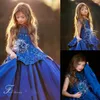 Royal Blue Flower Girl Dresses Cowel Neck Lace 3D Floral Appliques in rilievo a Line Girls Girls Abites Birthday Feather Kids Gow 246n