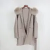 OFTBUY Cappotto in vera pelliccia Giacca invernale Donna Collo in pelliccia di volpe naturale allentata Cashmere Misto lana Capispalla Streetwear Oversize