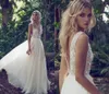 Sexy Diepe V-hals Bohemian Trouwjurken A-Lijn Chiffon V-hals Backless Illusion Bodice Floor Length Country Bridal Togonnen met bloemen