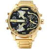 Big Watch Men Luxury Golden Steel Watchband Mäns Quartz Klockor Dubbel Tidszon Militär Relogio Masculino Casual Clock Man XFCS LY191226