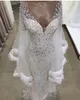 Frisado sereia vestidos de penas brilhante decote em v mangas compridas vestidos de noiva plus size vestido de casamento feito sob encomenda